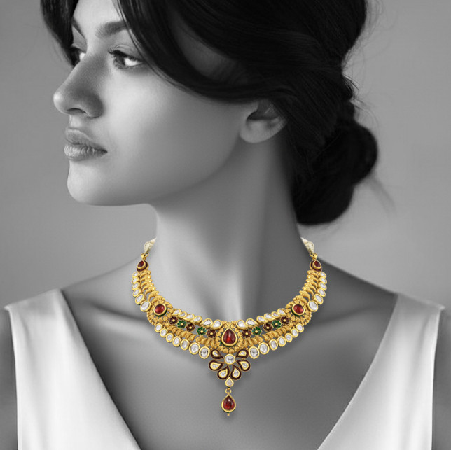 Traditional Necklace with Polki, Red & Green Enamel